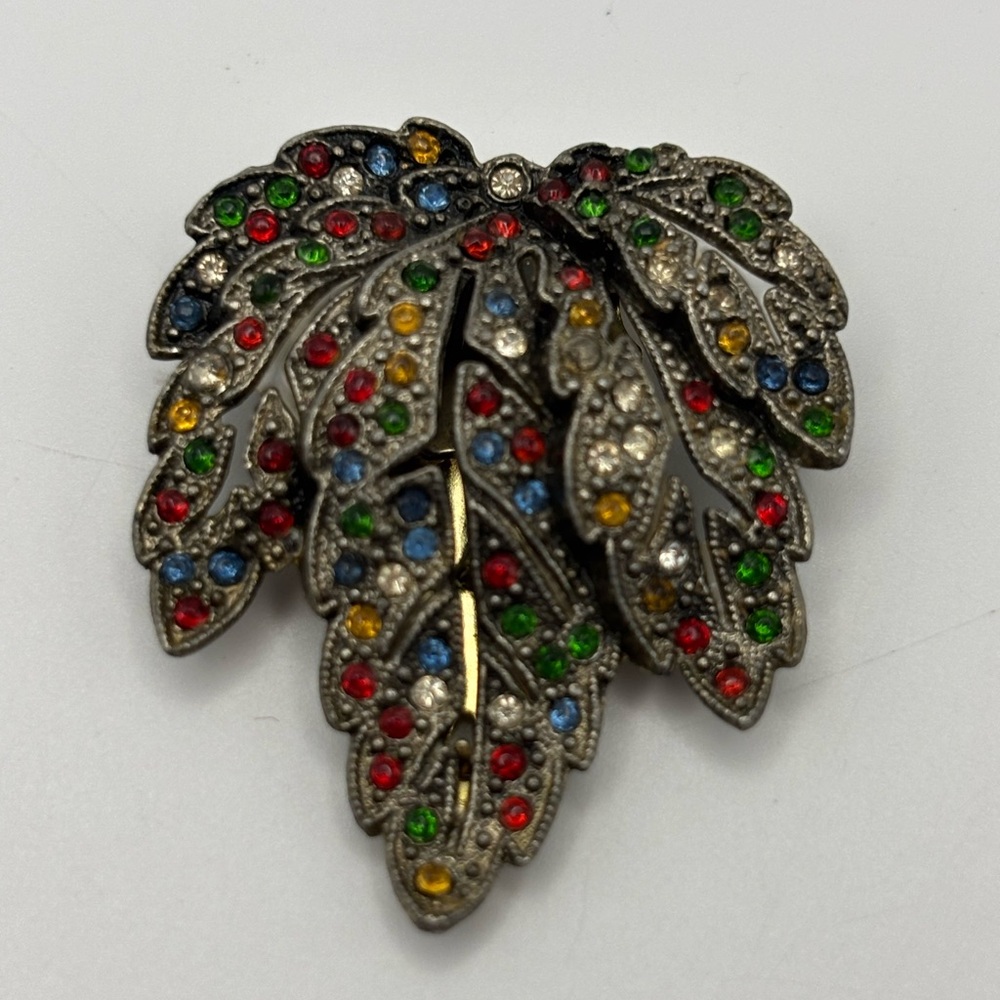 Vtg 1940s Retro Brooch Fur Clip Multi-Colour Rhinestone Leaf Spray - Picture 8 of 14